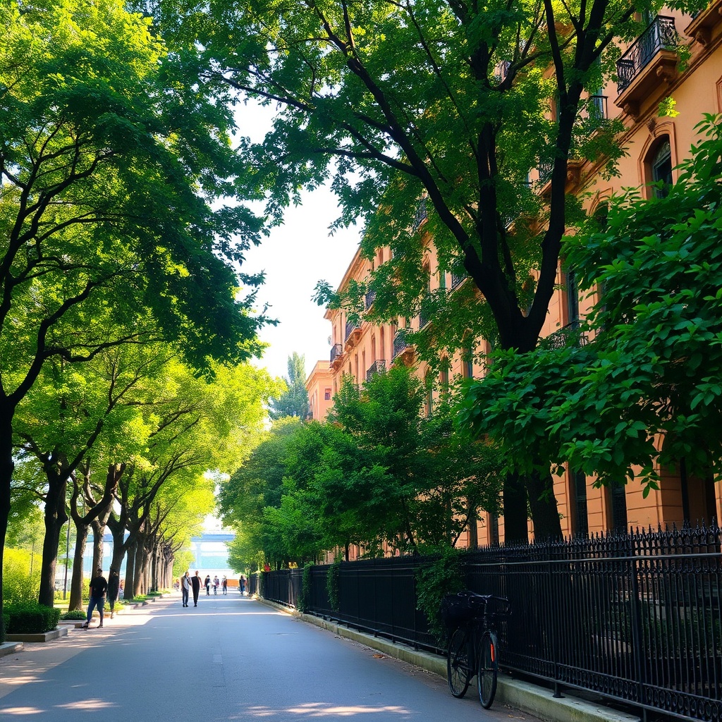 Leafy residential street in Zamalek with historic buildings, ideal for travelers seeking Zamalek short-term rentals and a peaceful island lifestyle