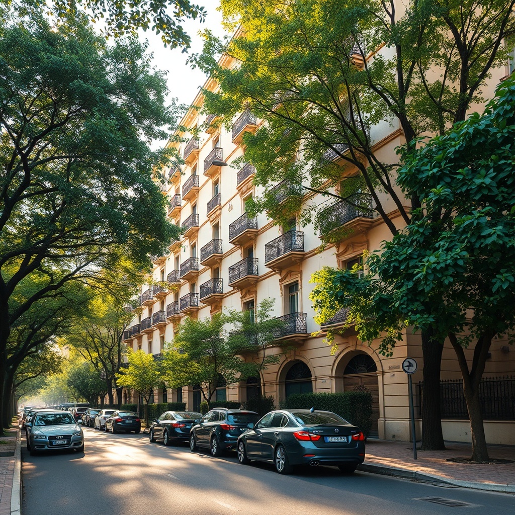 Historic apartment building on a leafy street in Zamalek, offering long-term furnished rental Zamalek opportunities for diplomats and professionals seeking a serene Cairo neighborhood with classic architecture.